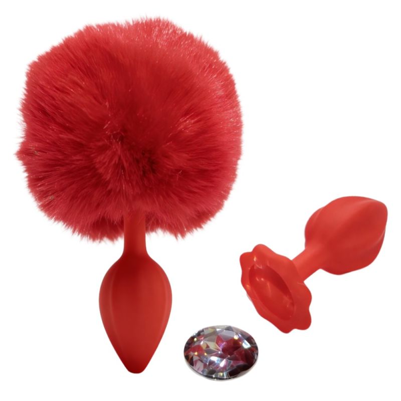 Анальна пробка рельєфна ALUME, S, червона з червоним пушком і змінним прозорим каменем, 7 х 2,8 см вид 2