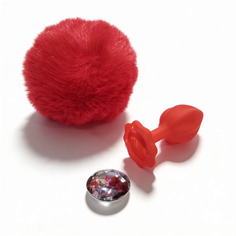 Анальна пробка рельєфна ALUME, S, червона з червоним пушком і змінним прозорим каменем, 7 х 2,8 см вид 4