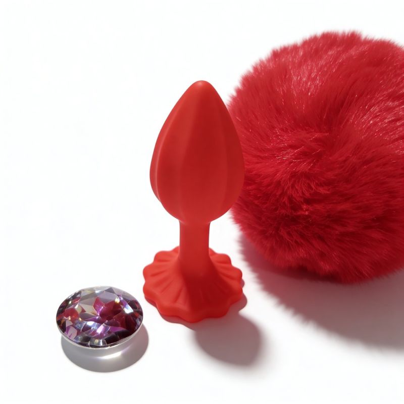 Анальная пробка рельефная ALUME, S, красная с красным пушком и сменным прозрачным камнем, 7 х 2,8 см вид 5