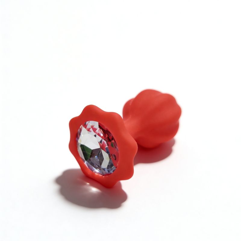 Анальна пробка рельєфна ALUME, S, червона з червоним пушком і змінним прозорим каменем, 7 х 2,8 см вид 8