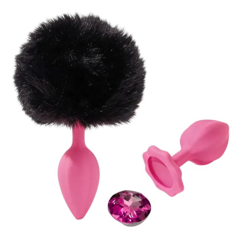 Анальна пробка рельєфна ALUME, S, рожева з чорним пушком і змінним рожевим каменем, 7 х 2,8 см вид 2