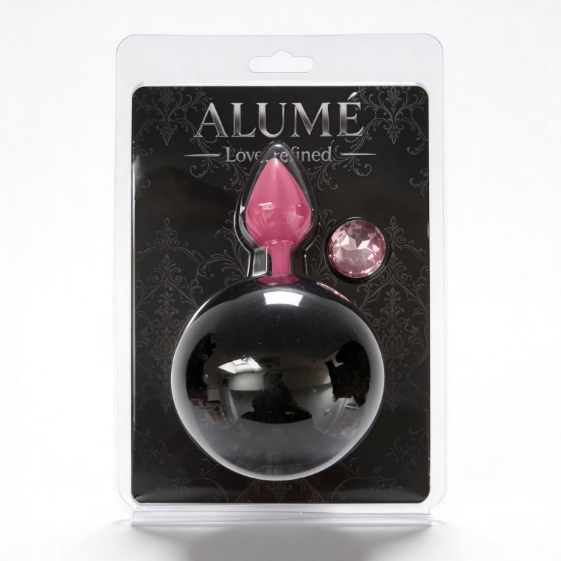 Анальна пробка рельєфна ALUME, S, рожева з чорним пушком і змінним рожевим каменем, 7 х 2,8 см вид 3