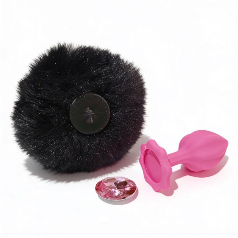 Анальна пробка рельєфна ALUME, S, рожева з чорним пушком і змінним рожевим каменем, 7 х 2,8 см вид 4