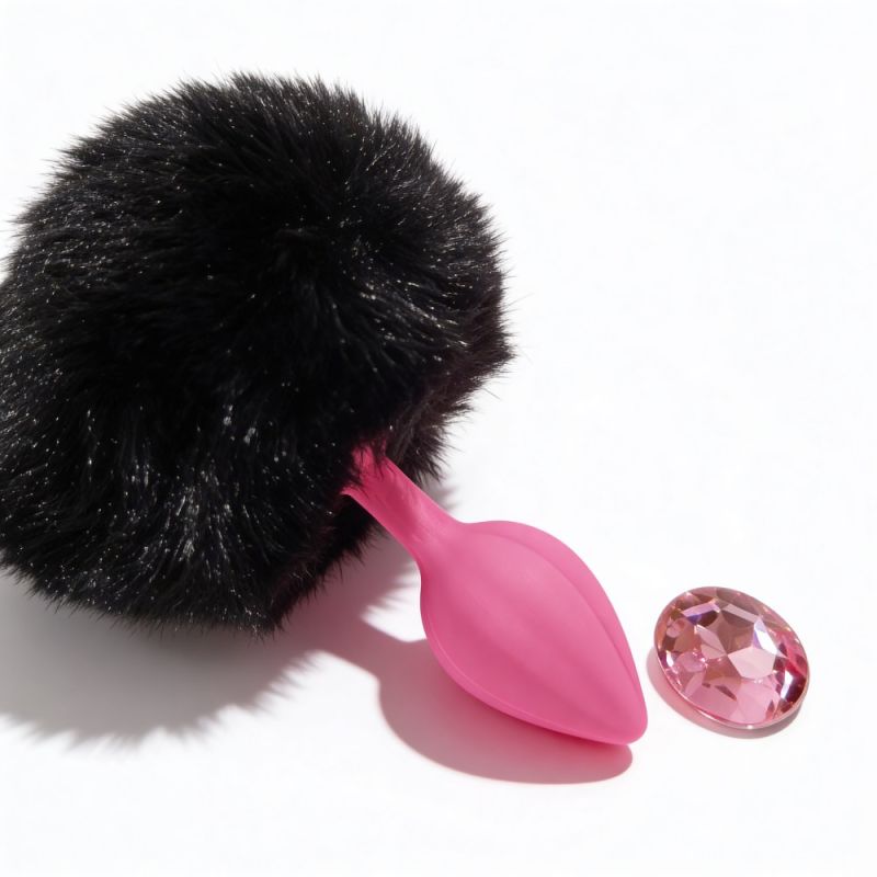 Анальна пробка рельєфна ALUME, S, рожева з чорним пушком і змінним рожевим каменем, 7 х 2,8 см вид 6