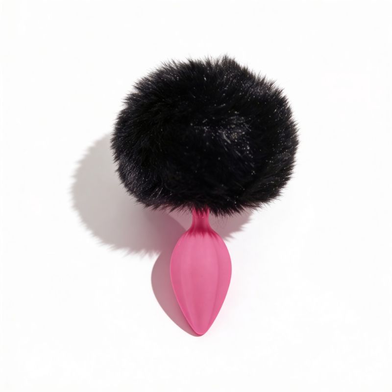 Анальна пробка рельєфна ALUME, S, рожева з чорним пушком і змінним рожевим каменем, 7 х 2,8 см вид 7