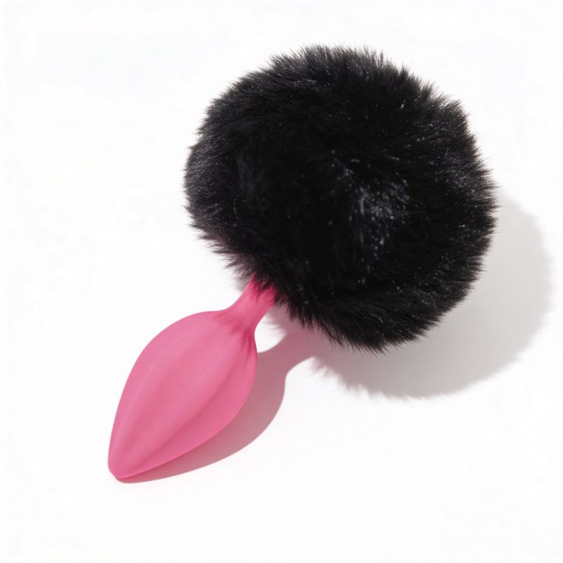 Анальна пробка рельєфна ALUME, S, рожева з чорним пушком і змінним рожевим каменем, 7 х 2,8 см вид 9