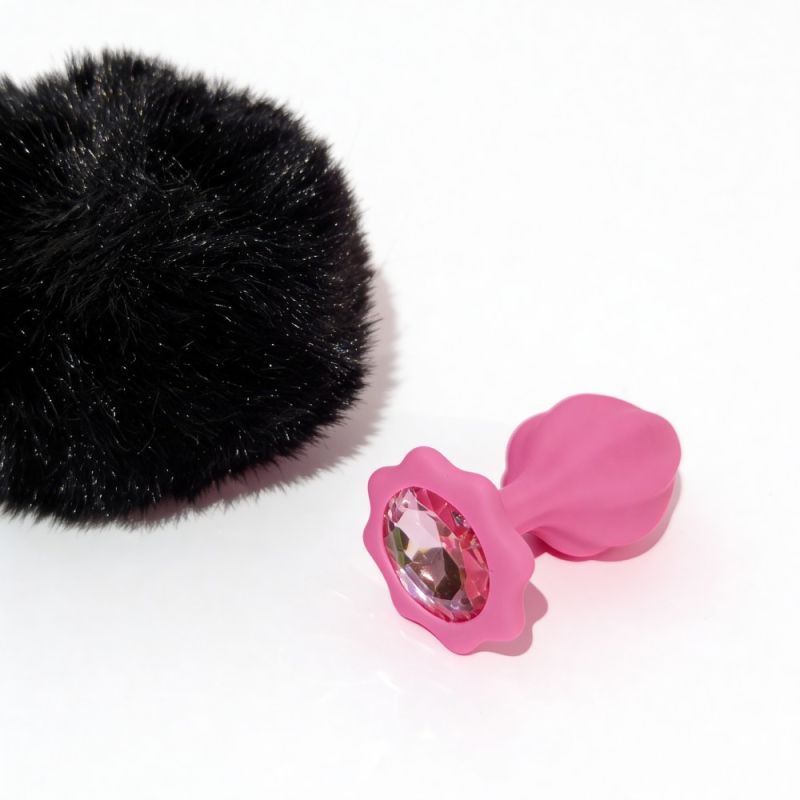 Анальна пробка рельєфна ALUME, S, рожева з чорним пушком і змінним рожевим каменем, 7 х 2,8 см вид 11