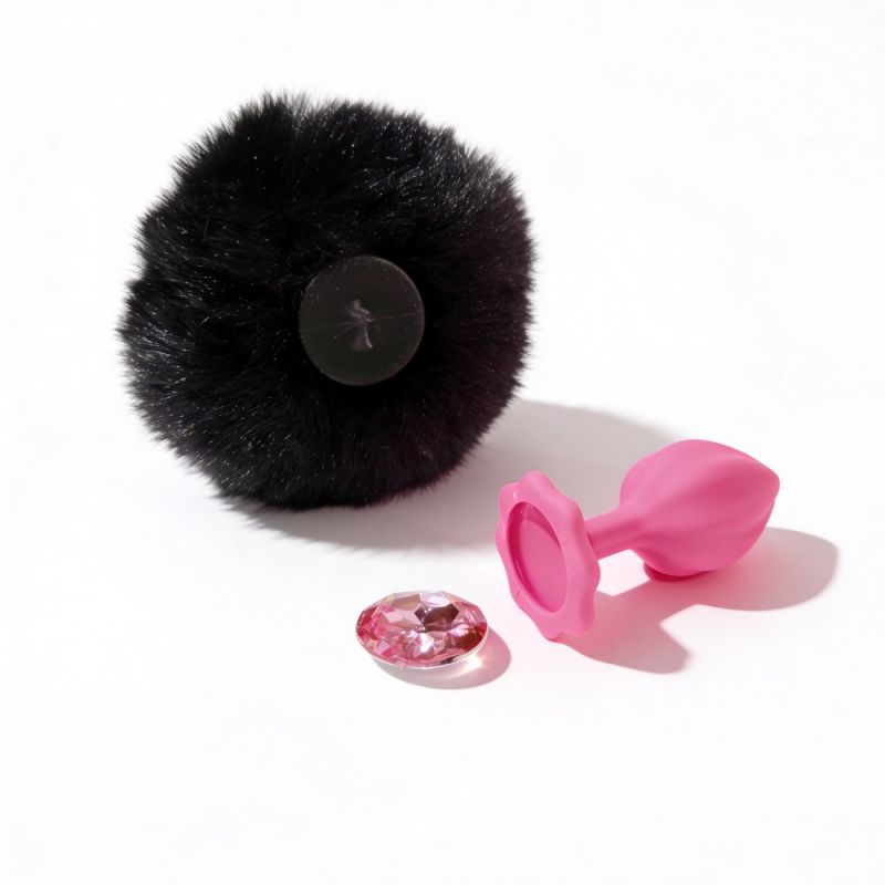 Анальна пробка рельєфна ALUME, S, рожева з чорним пушком і змінним рожевим каменем, 7 х 2,8 см вид 14