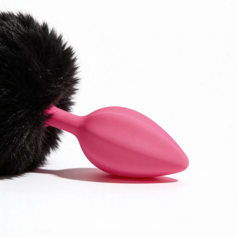 Анальна пробка рельєфна ALUME, S, рожева з чорним пушком і змінним рожевим каменем, 7 х 2,8 см вид 15