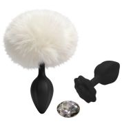 Анальна пробка рельєфна ALUME, S, чорна з білим пушком і змінним прозорим каменем, 7 х 2,8 см