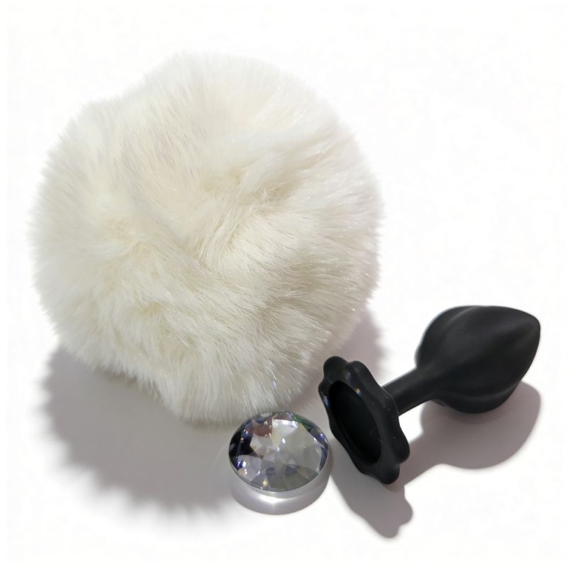 Анальна пробка рельєфна ALUME, S, чорна з білим пушком і змінним прозорим каменем, 7 х 2,8 см вид 5