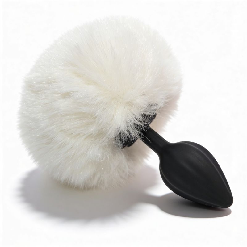 Анальна пробка рельєфна ALUME, S, чорна з білим пушком і змінним прозорим каменем, 7 х 2,8 см вид 6