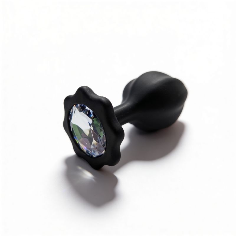 Анальна пробка рельєфна ALUME, S, чорна з білим пушком і змінним прозорим каменем, 7 х 2,8 см вид 9