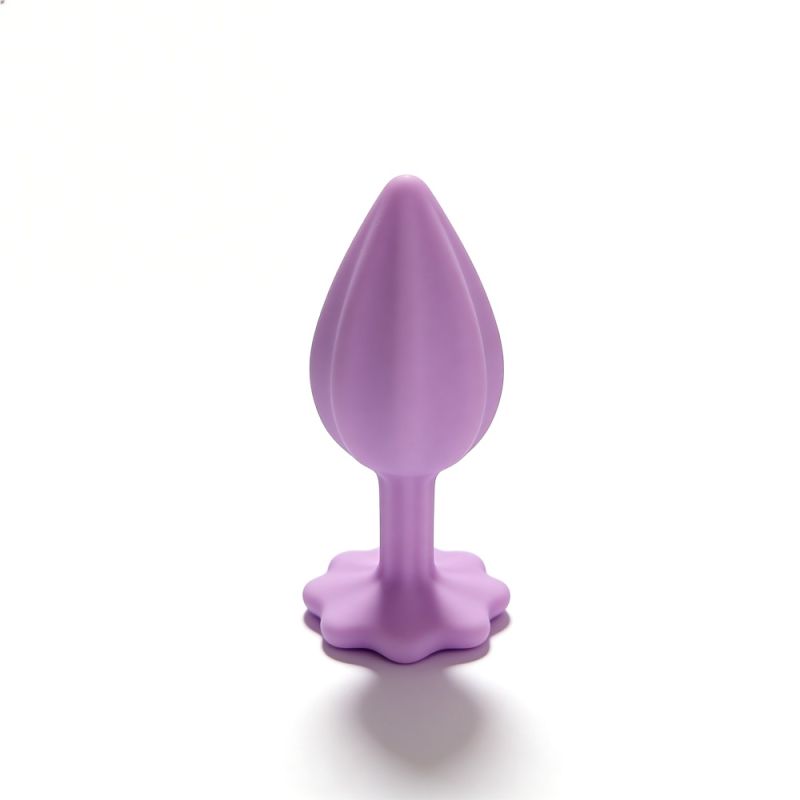 Анальная пробка рельефная ALUME, S, лиловая с белым пушком и сменным лиловым камнем, 7 х 2,8 см вид 8