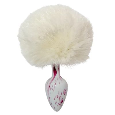 Анальная пробка с узором ALUME, S, металлическая белая с белым пушком, 7 х 2,8 см