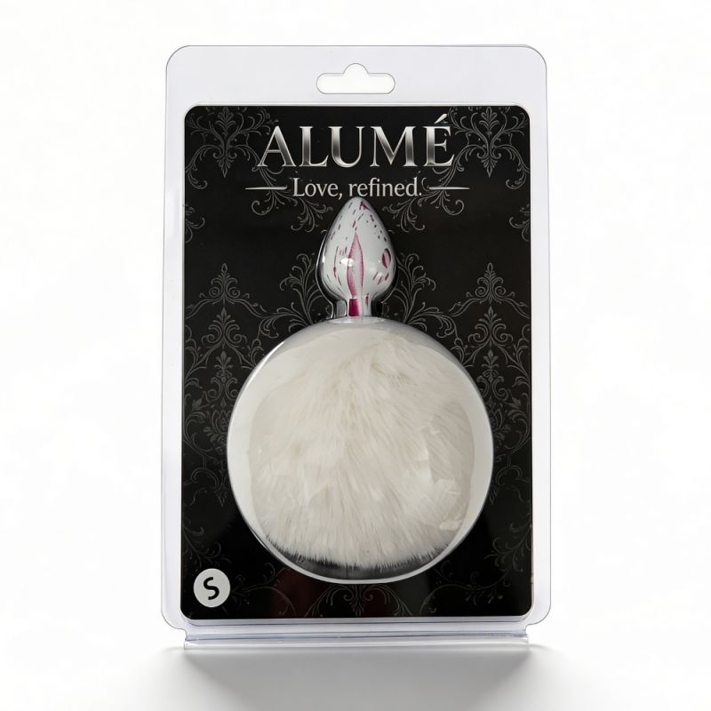 Анальная пробка с узором ALUME, S, металлическая белая с белым пушком, 7 х 2,8 см вид 3