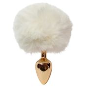Анальная пробка ALUME, S, металлическая золотистая с белым пушком, 7 х 2,8 см