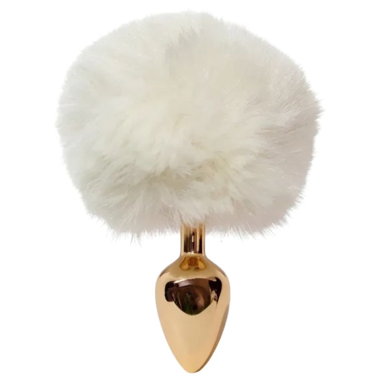 Анальная пробка ALUME, S, металлическая золотистая с белым пушком, 7 х 2,8 см вид 2