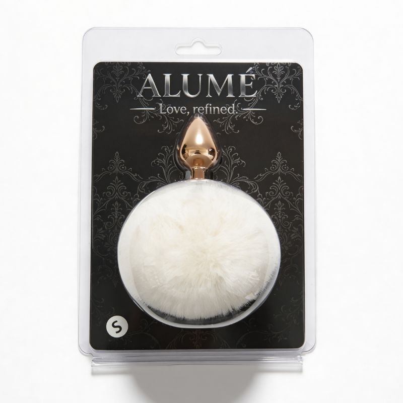 Анальная пробка ALUME, S, металлическая золотистая с белым пушком, 7 х 2,8 см вид 3