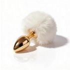 Анальная пробка ALUME, S, металлическая золотистая с белым пушком, 7 х 2,8 см вид 5