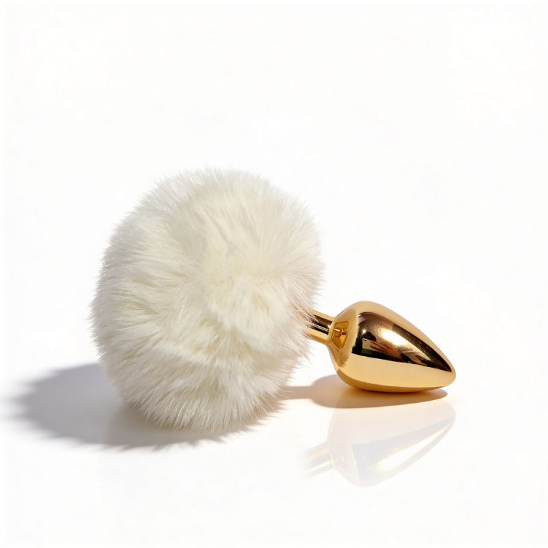 Анальная пробка ALUME, S, металлическая золотистая с белым пушком, 7 х 2,8 см вид 6