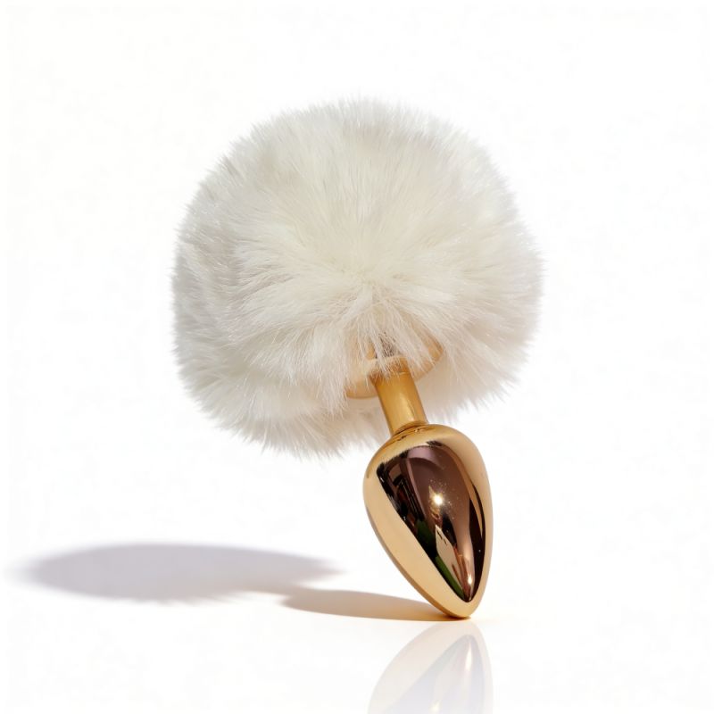 Анальная пробка ALUME, S, металлическая золотистая с белым пушком, 7 х 2,8 см вид 7