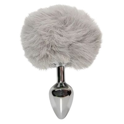 Анальная пробка ALUME, S, металлическая серебристая с серым пушком, 7 х 2,8 см