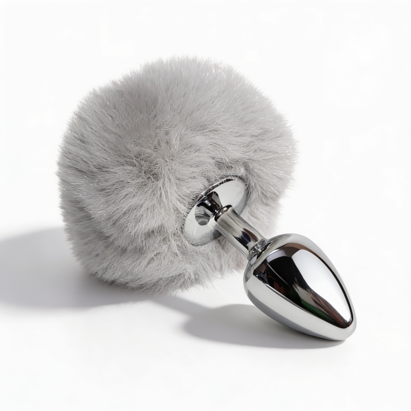 Анальная пробка ALUME, S, металлическая серебристая с серым пушком, 7 х 2,8 см вид 3