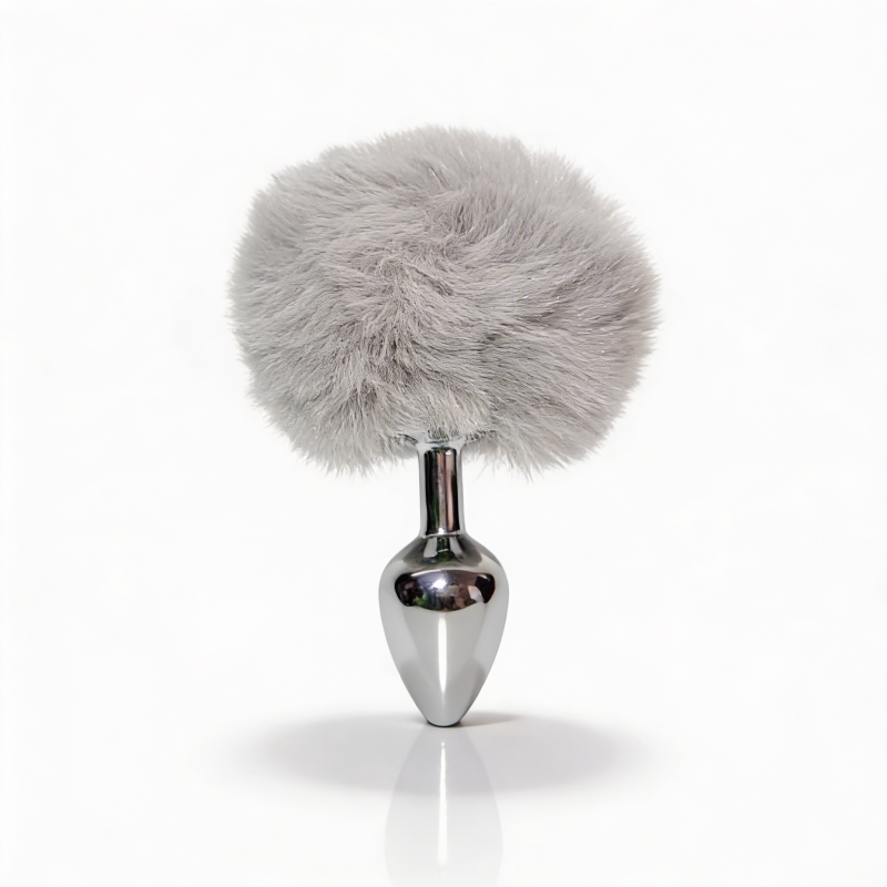 Анальная пробка ALUME, S, металлическая серебристая с серым пушком, 7 х 2,8 см вид 4