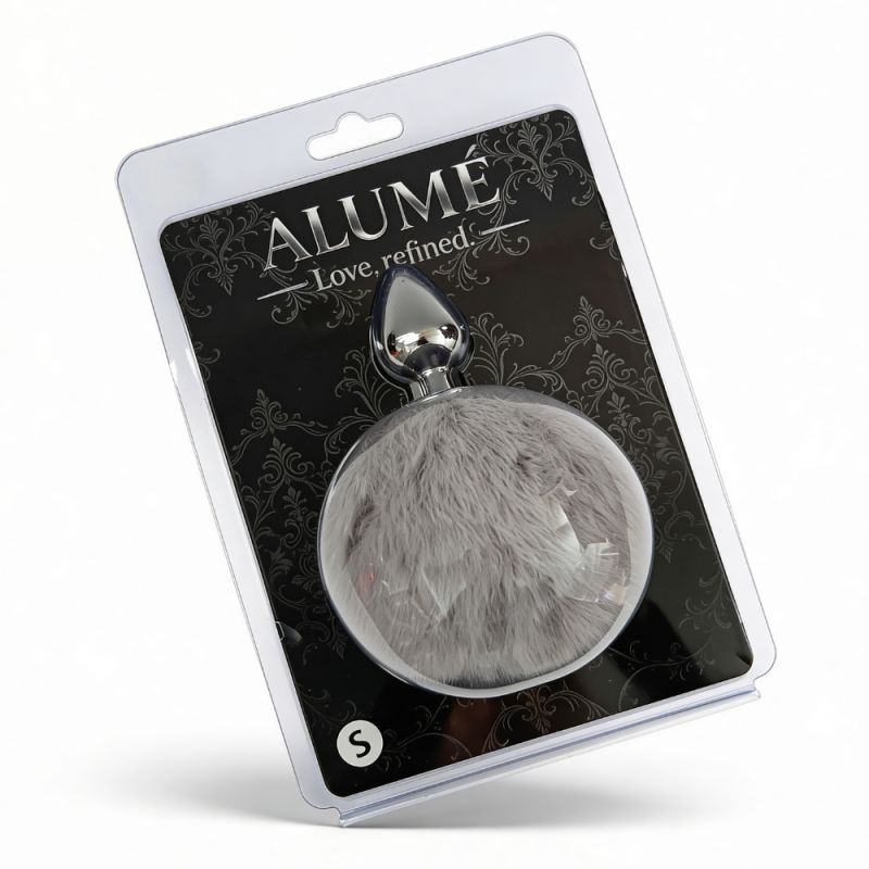 Анальная пробка ALUME, S, металлическая серебристая с серым пушком, 7 х 2,8 см вид 5