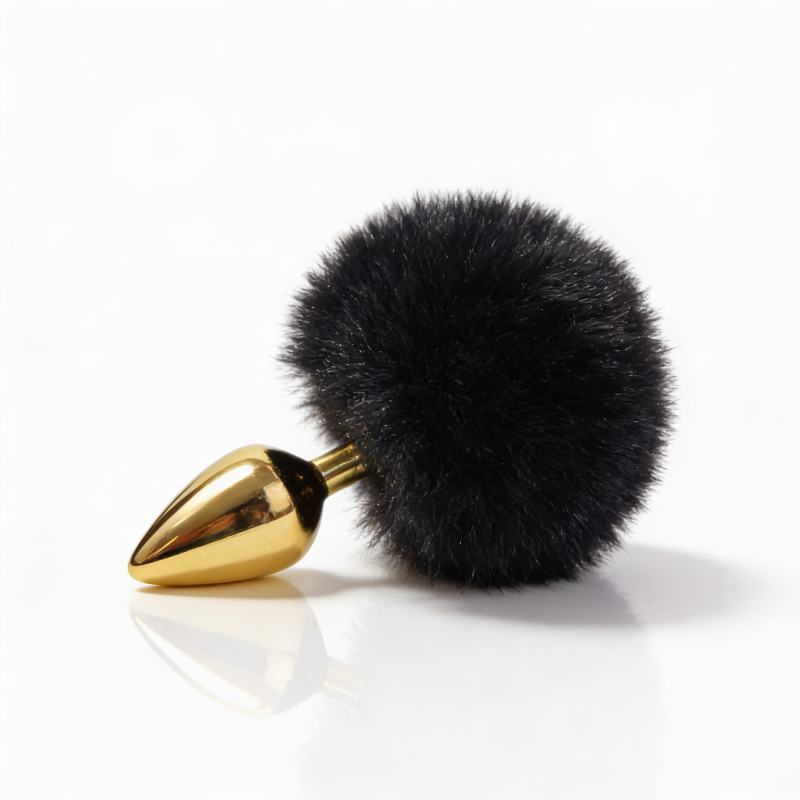 Анальная пробка ALUME, S, металлическая золотистая с черным пушком, 7 х 2,8 см вид 3