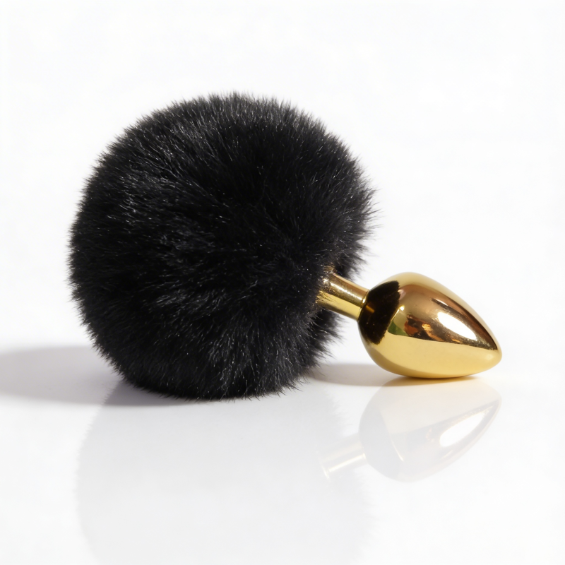 Анальная пробка ALUME, S, металлическая золотистая с черным пушком, 7 х 2,8 см вид 4