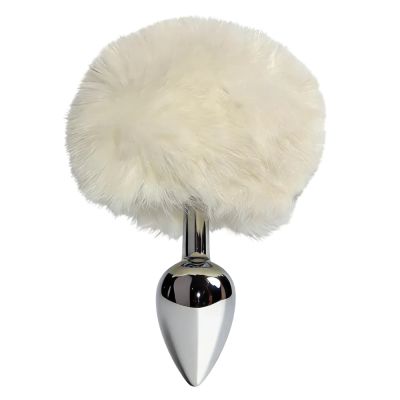 Анальная пробка ALUME, S, металлическая серебристая с белым пушком, 7 х 2,8 см