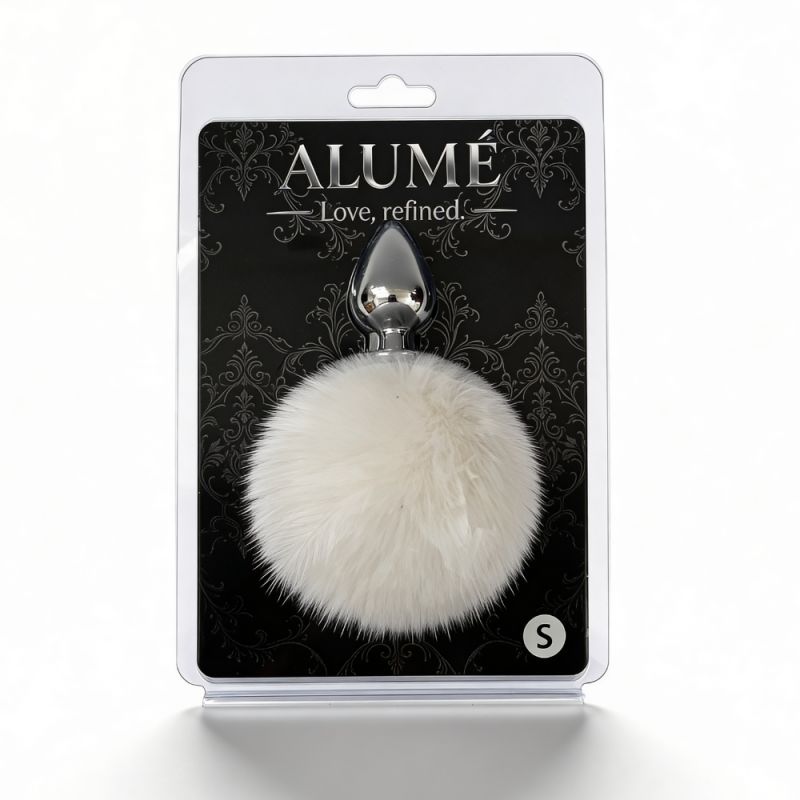 Анальная пробка ALUME, S, металлическая серебристая с белым пушком, 7 х 2,8 см вид 3