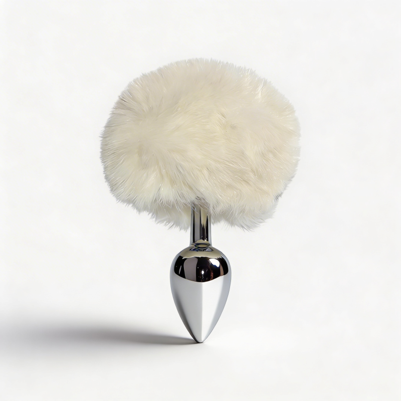Анальная пробка ALUME, S, металлическая серебристая с белым пушком, 7 х 2,8 см вид 5