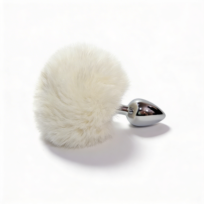 Анальная пробка ALUME, S, металлическая серебристая с белым пушком, 7 х 2,8 см вид 6