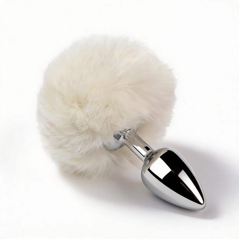 Анальная пробка ALUME, S, металлическая серебристая с белым пушком, 7 х 2,8 см вид 8