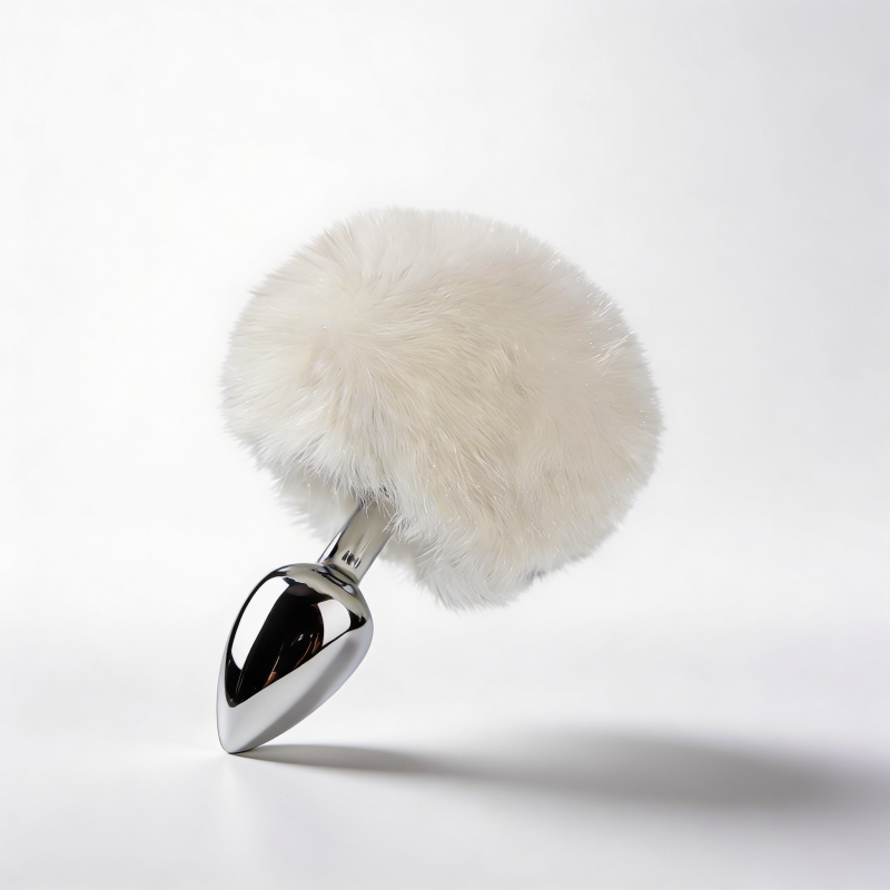 Анальная пробка ALUME, S, металлическая серебристая с белым пушком, 7 х 2,8 см вид 9