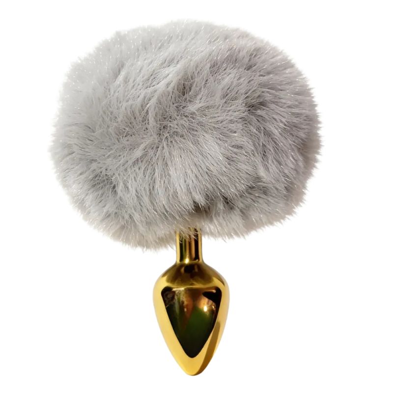 Анальная пробка ALUME, S, металлическая золотистая с серым пушком, 7 х 2,8 см вид 2