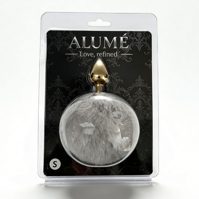 Анальная пробка ALUME, S, металлическая золотистая с серым пушком, 7 х 2,8 см вид 3
