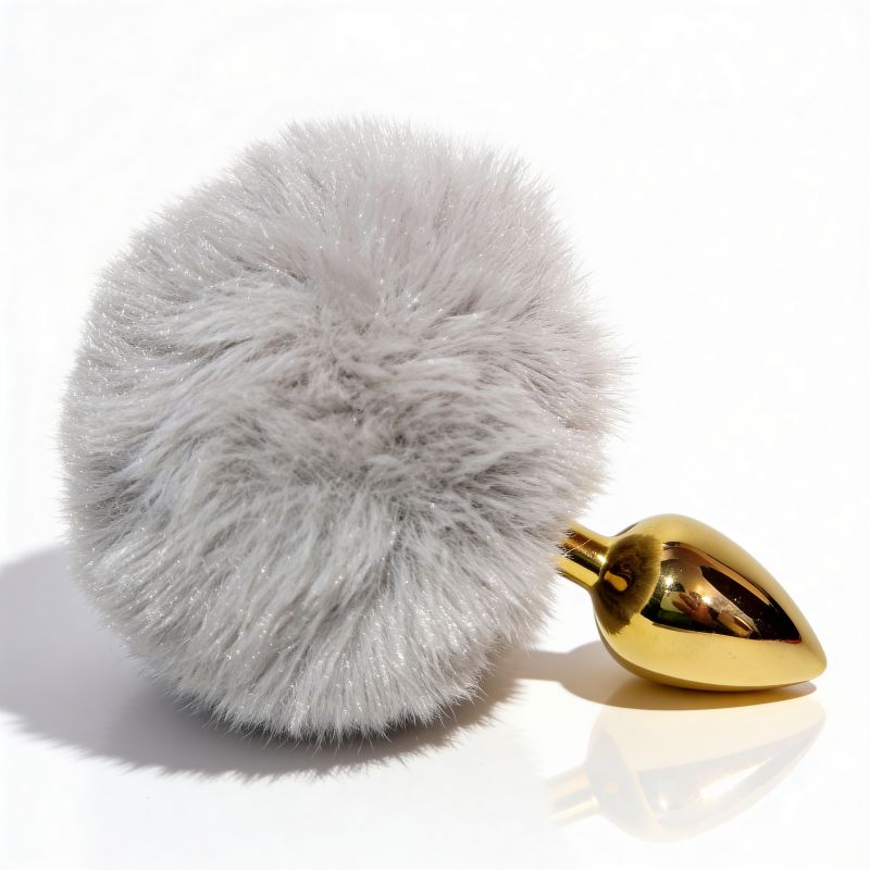 Анальная пробка ALUME, S, металлическая золотистая с серым пушком, 7 х 2,8 см вид 4