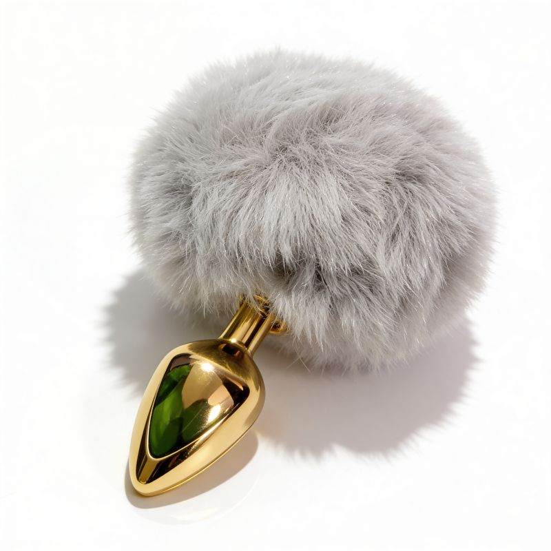 Анальная пробка ALUME, S, металлическая золотистая с серым пушком, 7 х 2,8 см вид 6