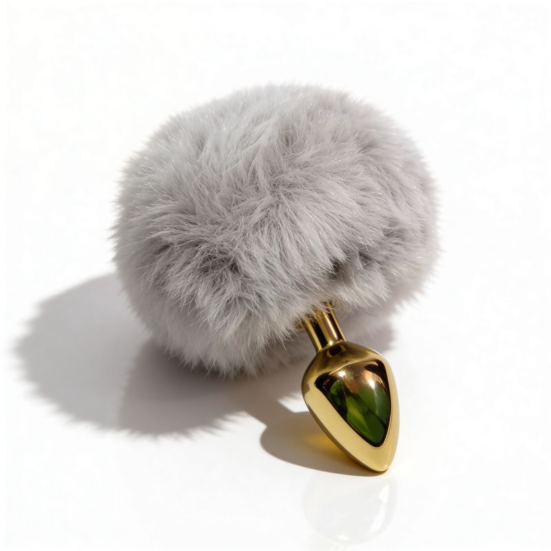 Анальная пробка ALUME, S, металлическая золотистая с серым пушком, 7 х 2,8 см вид 8