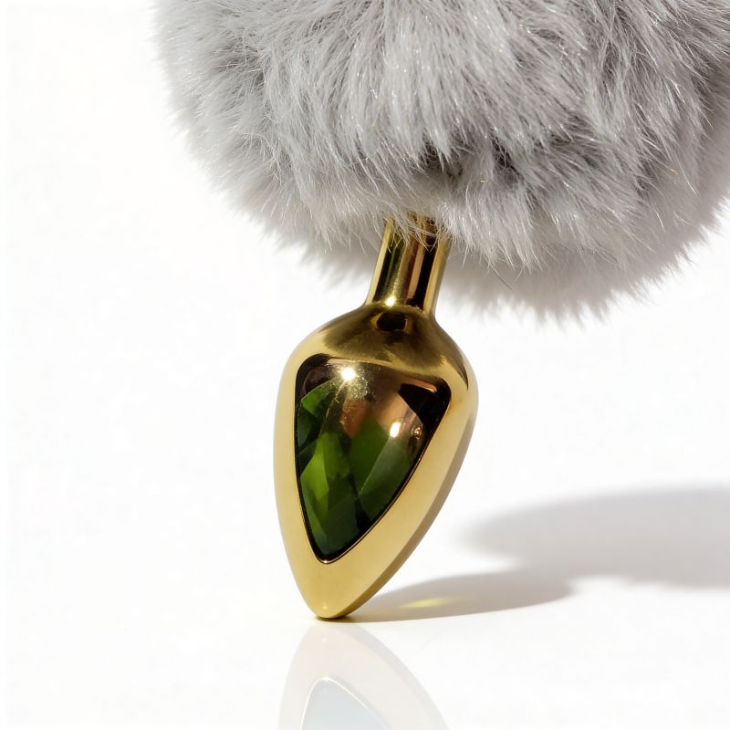 Анальная пробка ALUME, S, металлическая золотистая с серым пушком, 7 х 2,8 см вид 9