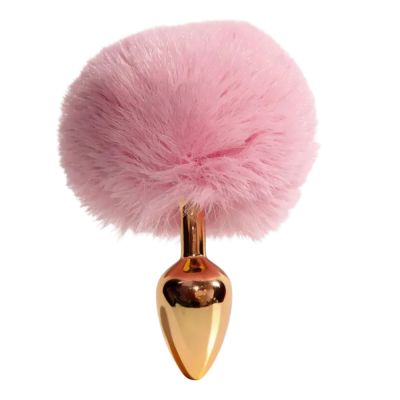 Анальная пробка ALUME, S, металлическая золотистая с розовым пушком, 7 х 2,8 см