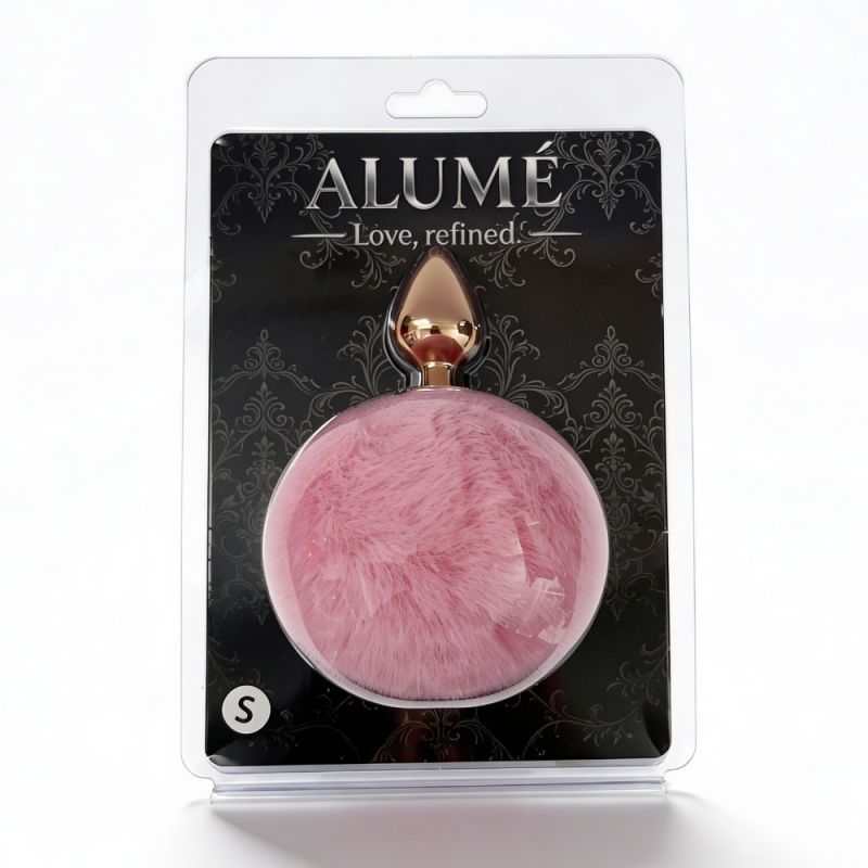 Анальная пробка ALUME, S, металлическая золотистая с розовым пушком, 7 х 2,8 см вид 3