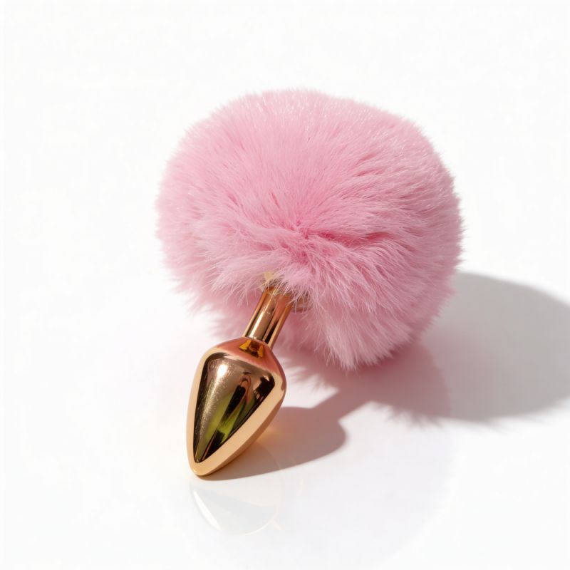 Анальная пробка ALUME, S, металлическая золотистая с розовым пушком, 7 х 2,8 см вид 4