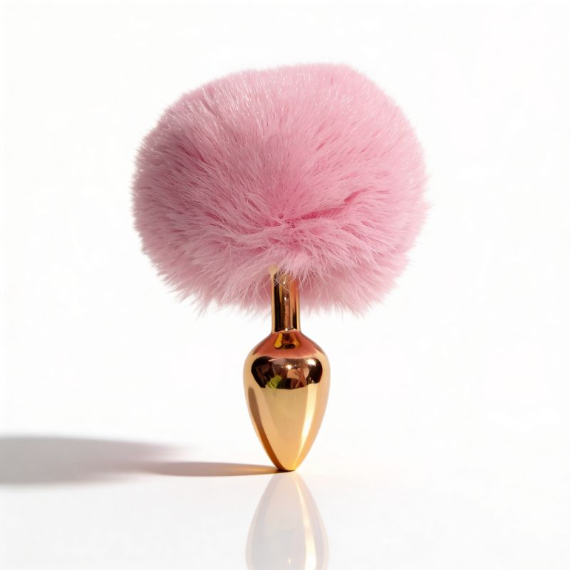 Анальная пробка ALUME, S, металлическая золотистая с розовым пушком, 7 х 2,8 см вид 5