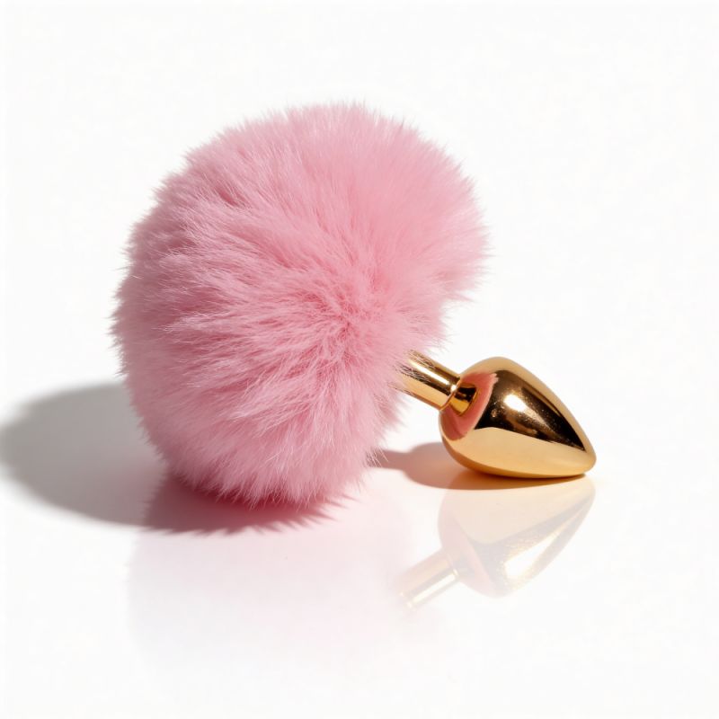 Анальная пробка ALUME, S, металлическая золотистая с розовым пушком, 7 х 2,8 см вид 6