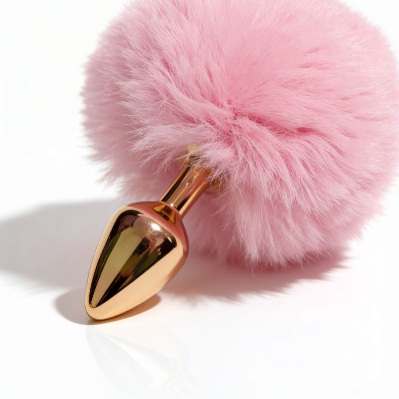 Анальная пробка ALUME, S, металлическая золотистая с розовым пушком, 7 х 2,8 см вид 7